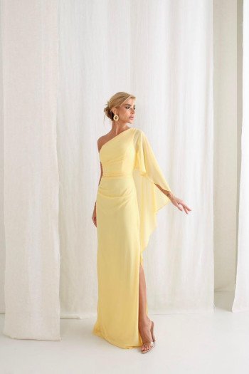 VESTIDO ELÓA CHIFFON NULA MANGA CAPA - AMARELO