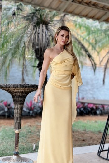 VESTIDO ELÓA CHIFFON NULA MANGA CAPA - AMARELO