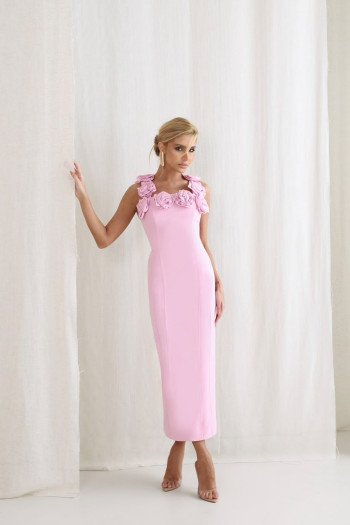 VESTIDO JASMINE LONGUETE TUBINHO FLOWERS ALFAIATARIA - ROSA