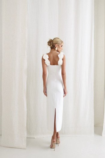VESTIDO JASMINE LONGUETE TUBINHO FLOWERS ALFAIATARIA - OFF WHITE