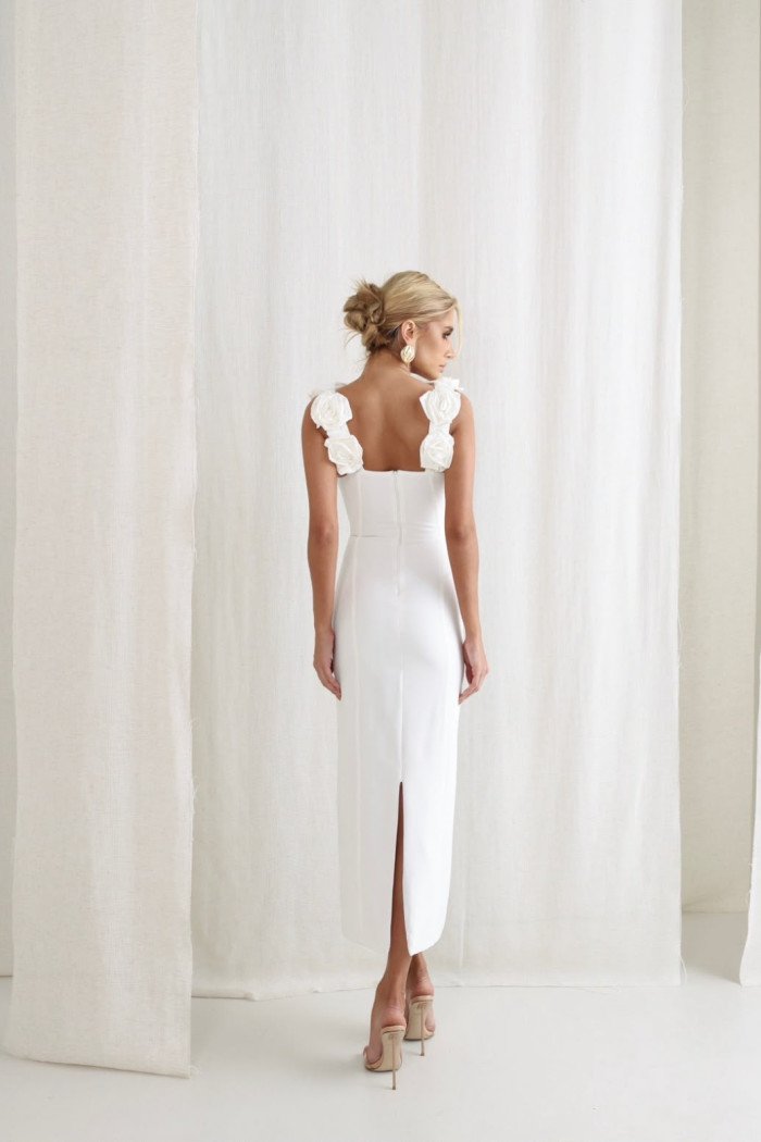 VESTIDO JASMINE LONGUETE TUBINHO FLOWERS ALFAIATARIA - OFF WHITE