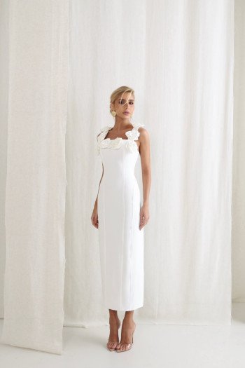 VESTIDO JASMINE LONGUETE TUBINHO FLOWERS ALFAIATARIA - OFF WHITE