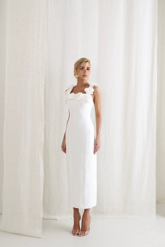 VESTIDO JASMINE LONGUETE TUBINHO FLOWERS ALFAIATARIA - OFF WHITE