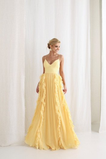 VESTIDO LIZ SAIA PLISSADA BABADO - AMARELO