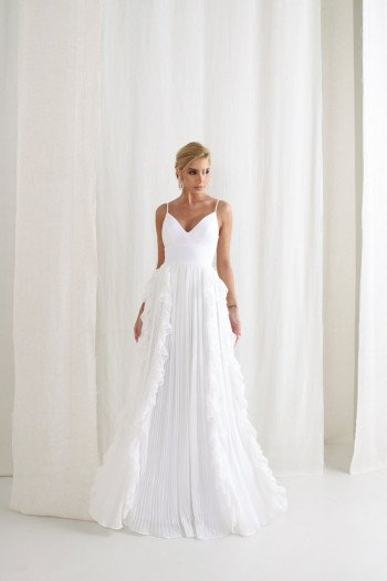 VESTIDO LIZ SAIA PLISSADA BABADO - OFF WHITE