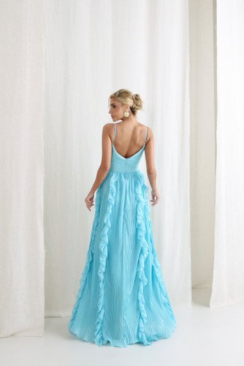 VESTIDO LIZ SAIA PLISSADA BABADO - AZUL TURQUESA