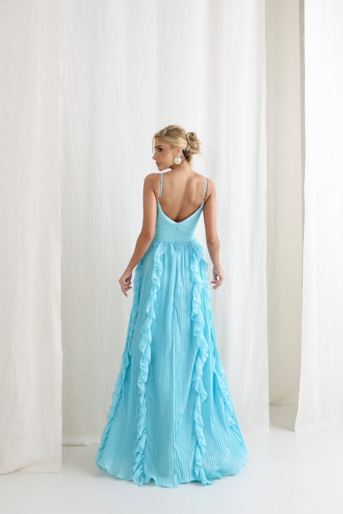 VESTIDO LIZ SAIA PLISSADA BABADO - AZUL TURQUESA