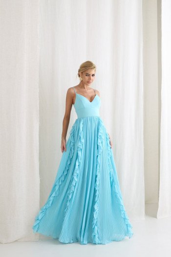 VESTIDO LIZ SAIA PLISSADA BABADO - AZUL TURQUESA
