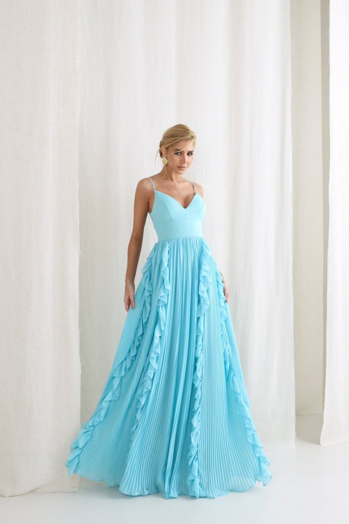 VESTIDO LIZ SAIA PLISSADA BABADO - AZUL TURQUESA