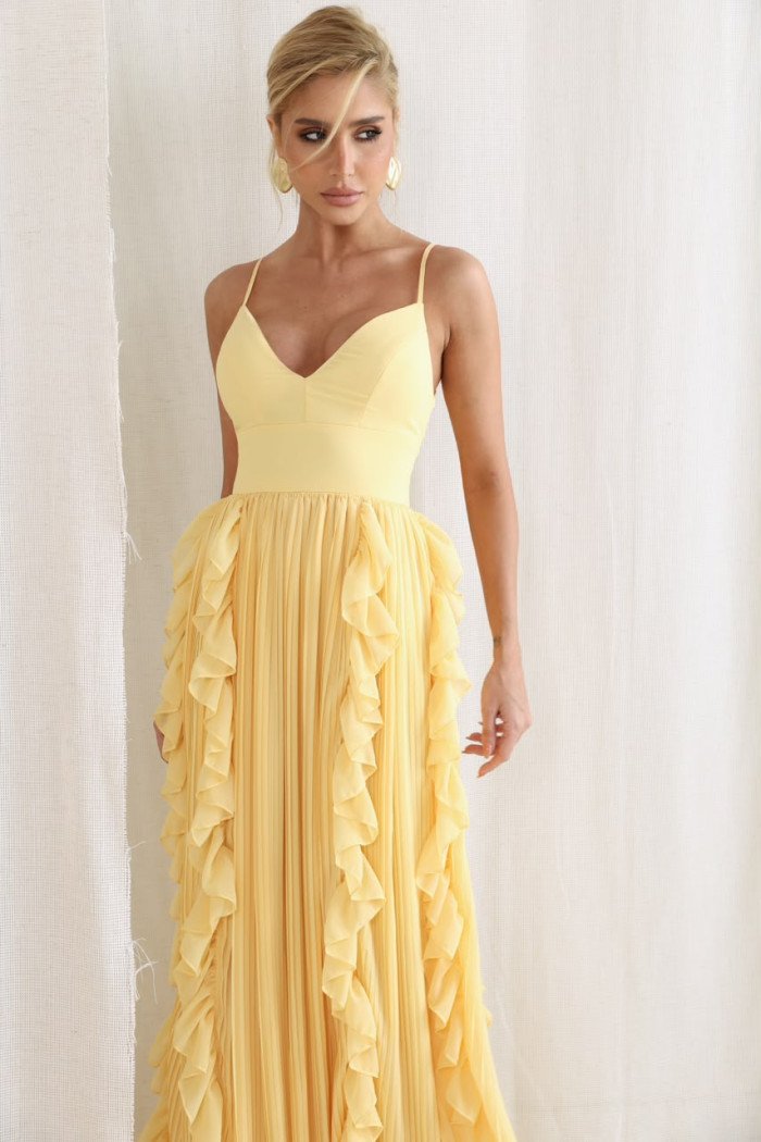 VESTIDO LIZ SAIA PLISSADA BABADO - AMARELO