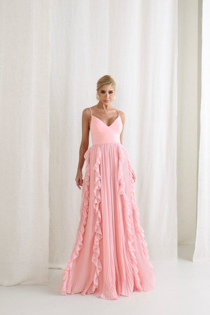 VESTIDO LIZ SAIA PLISSADA BABADO - ROSA