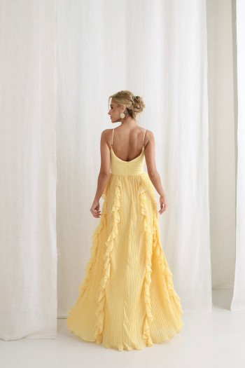 VESTIDO LIZ SAIA PLISSADA BABADO - AMARELO