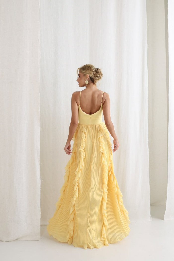 VESTIDO LIZ SAIA PLISSADA BABADO - AMARELO