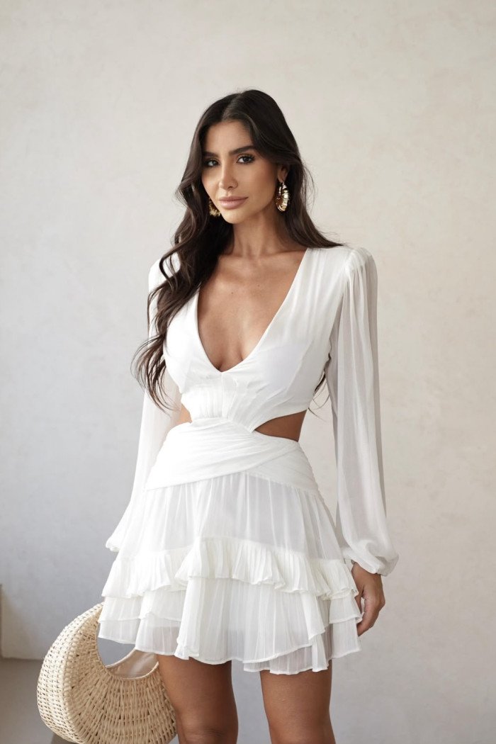 VESTIDO LÓTUS CURTO CHIFFON VAZADO CINTURA - OFF WHITE
