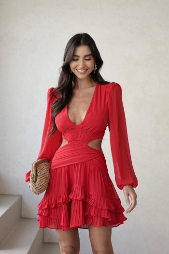 VESTIDO LÓTUS CURTO CHIFFON VAZADO CINTURA - VERMELHO