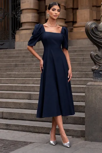 VESTIDO BALI MIDI MANGA BUFANTE - AZUL MARINHO