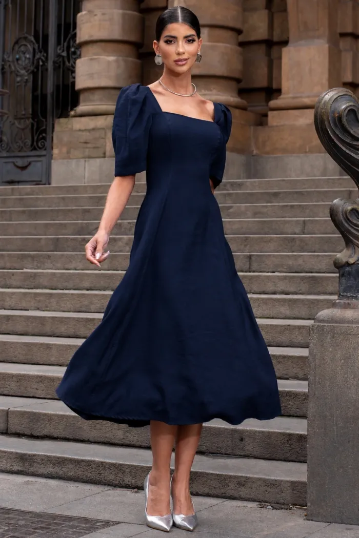 VESTIDO BALI MIDI MANGA BUFANTE - AZUL MARINHO