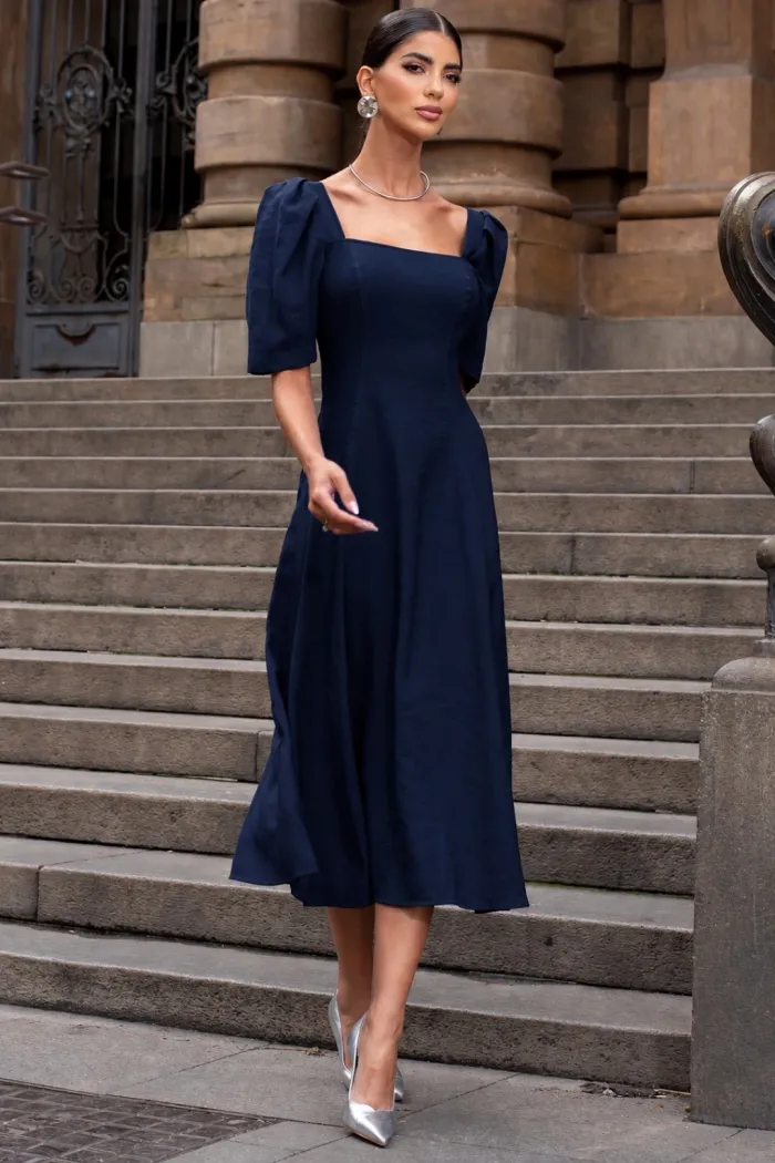 VESTIDO BALI MIDI MANGA BUFANTE - AZUL MARINHO