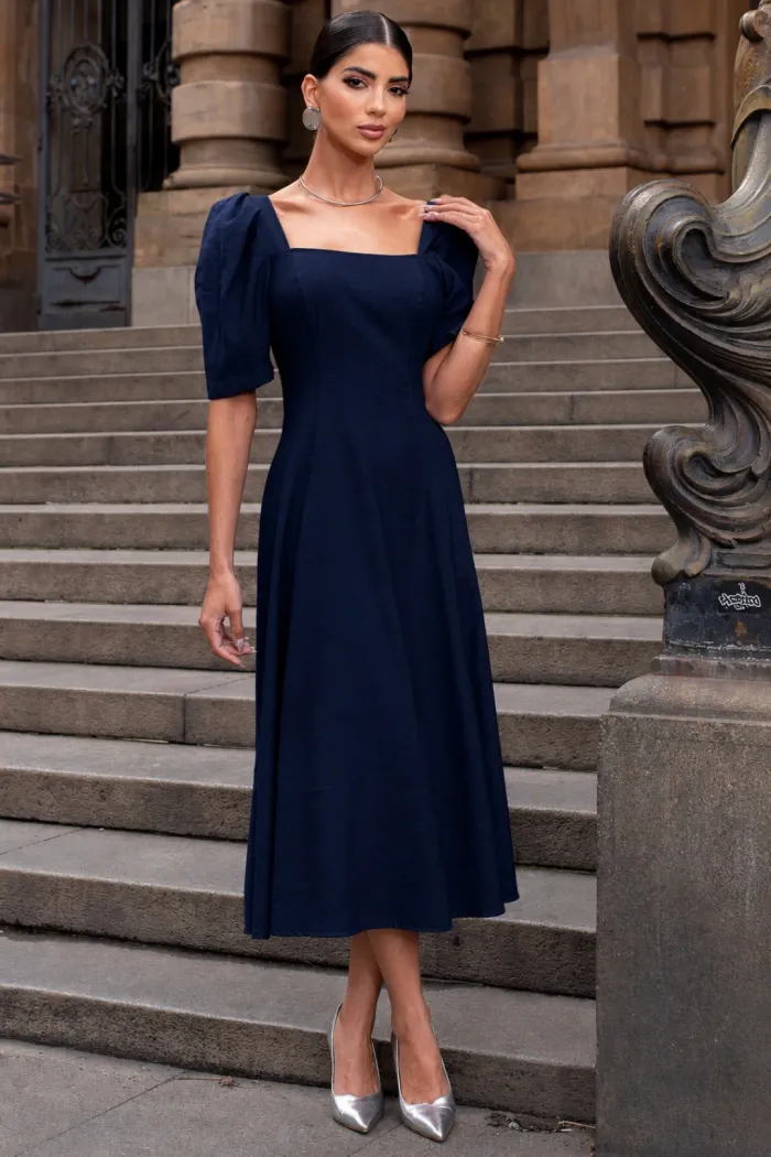 VESTIDO BALI MIDI MANGA BUFANTE - AZUL MARINHO