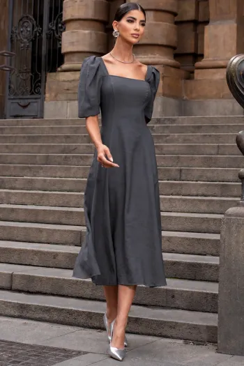 VESTIDO BALI MIDI MANGA BUFANTE - CINZA
