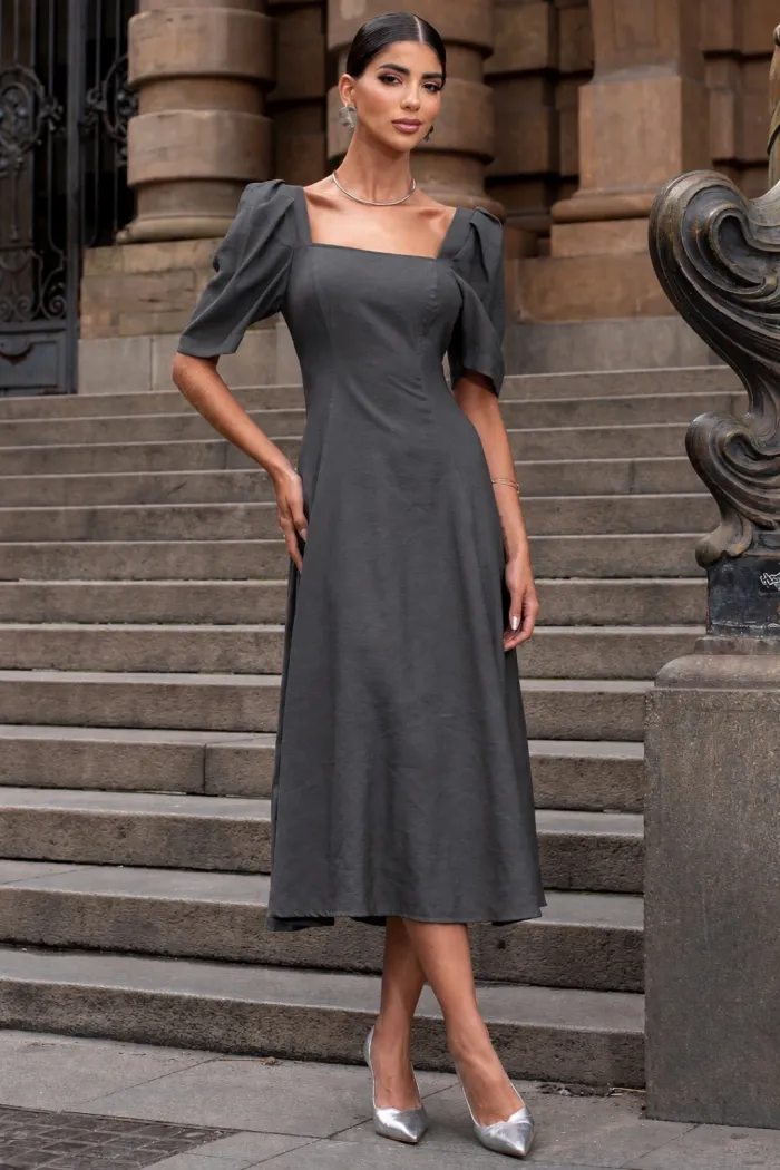 VESTIDO BALI MIDI MANGA BUFANTE - CINZA