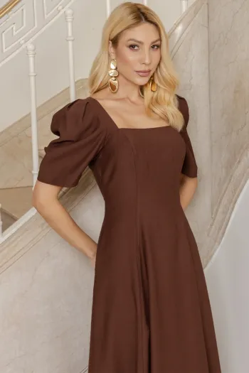 VESTIDO BALI MIDI MANGA BUFANTE - MARROM