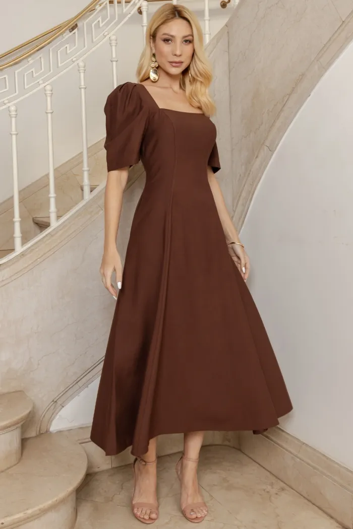VESTIDO BALI MIDI MANGA BUFANTE - MARROM