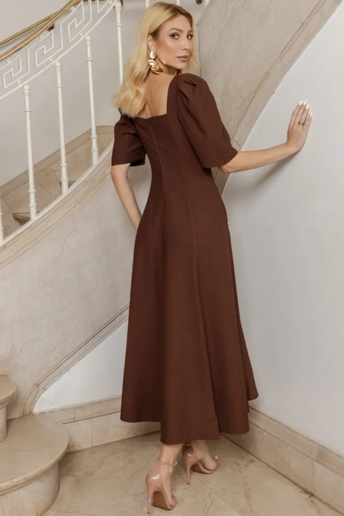 VESTIDO BALI MIDI MANGA BUFANTE - MARROM
