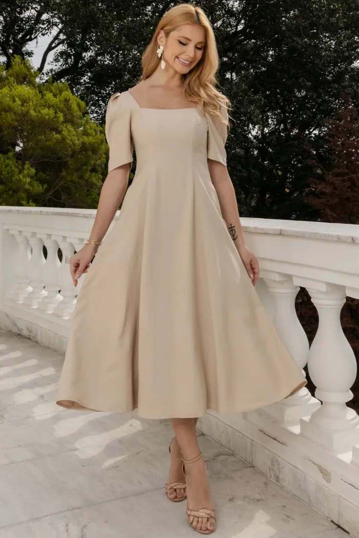 VESTIDO BALI MIDI MANGA BUFANTE - BEGE