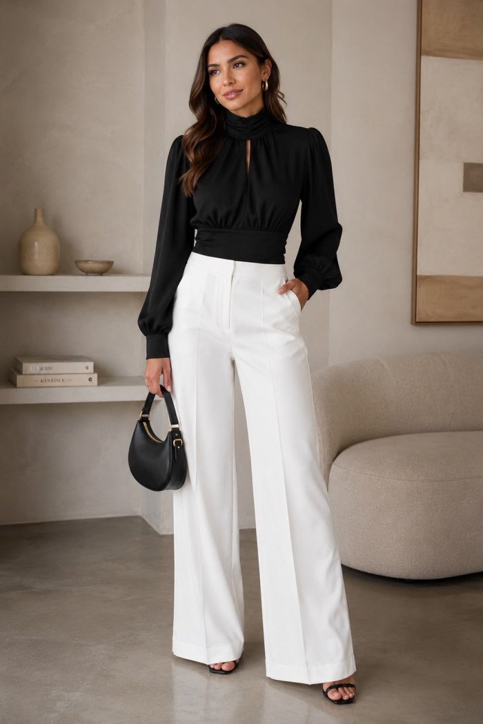 BLUSA CROPPED SIENA CHIFFON MANGA LONGA - PRETO