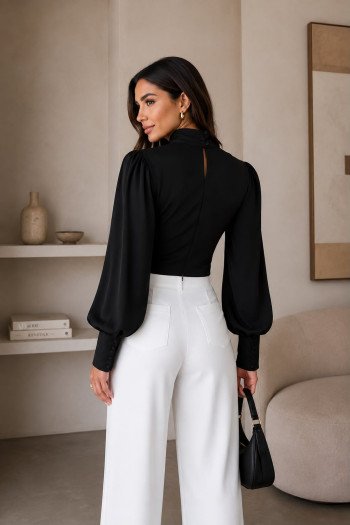 BLUSA CROPPED SIENA CHIFFON MANGA LONGA - PRETO