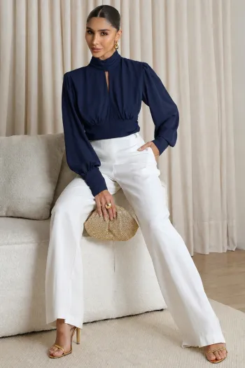 BLUSA CROPPED SIENA CHIFFON MANGA LONGA - AZUL MARINHO