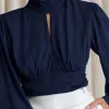 BLUSA CROPPED SIENA CHIFFON MANGA LONGA - AZUL MARINHO