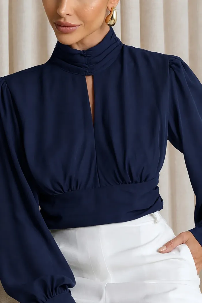 BLUSA CROPPED SIENA CHIFFON MANGA LONGA - AZUL MARINHO