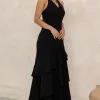 VESTIDO CAROLINE LONGO BABADOS NA SAIA - PRETO