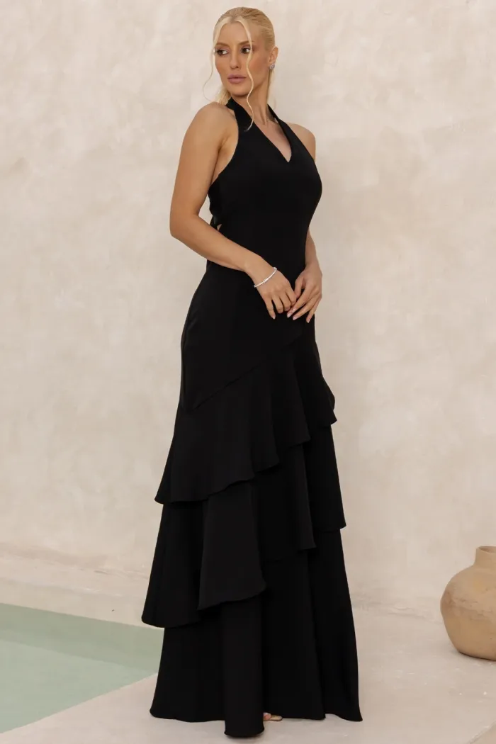 VESTIDO CAROLINE LONGO BABADOS NA SAIA - PRETO
