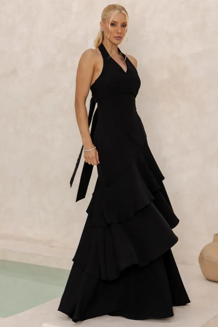 VESTIDO CAROLINE LONGO BABADOS NA SAIA - PRETO