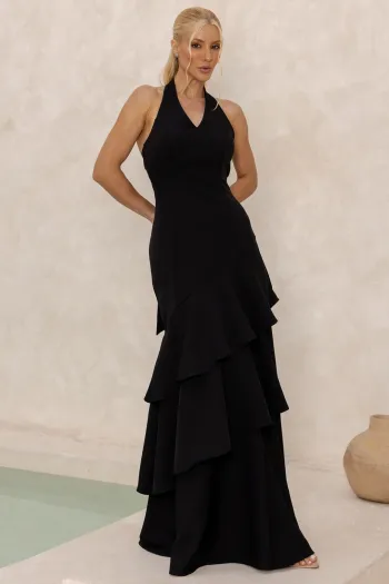VESTIDO CAROLINE LONGO BABADOS NA SAIA - PRETO