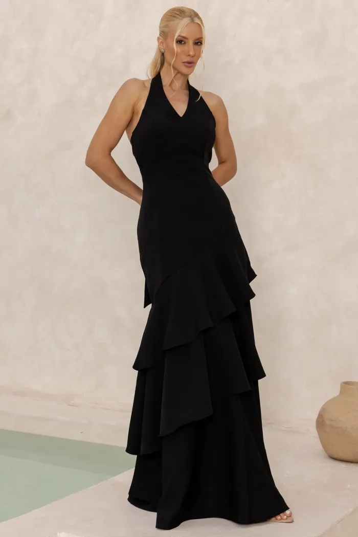 VESTIDO CAROLINE LONGO BABADOS NA SAIA - PRETO