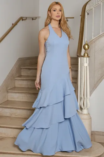 VESTIDO CAROLINE LONGO BABADOS NA SAIA - AZUL 