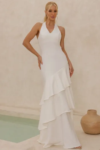 VESTIDO CAROLINE LONGO BABADOS NA SAIA - OFF WHITE
