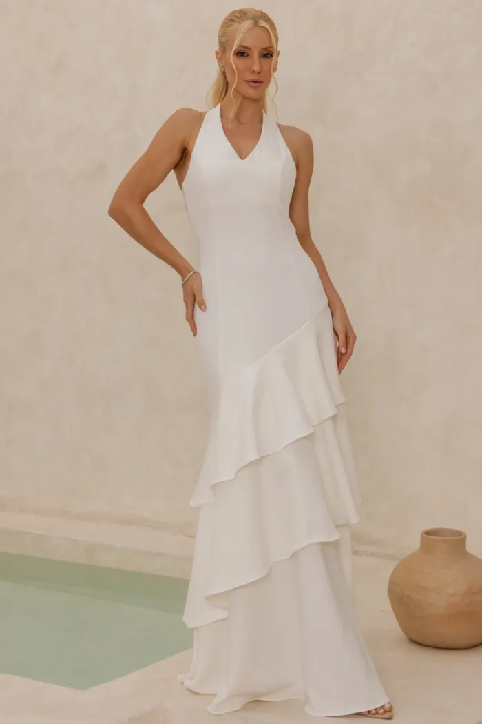 VESTIDO CAROLINE LONGO BABADOS NA SAIA - OFF WHITE