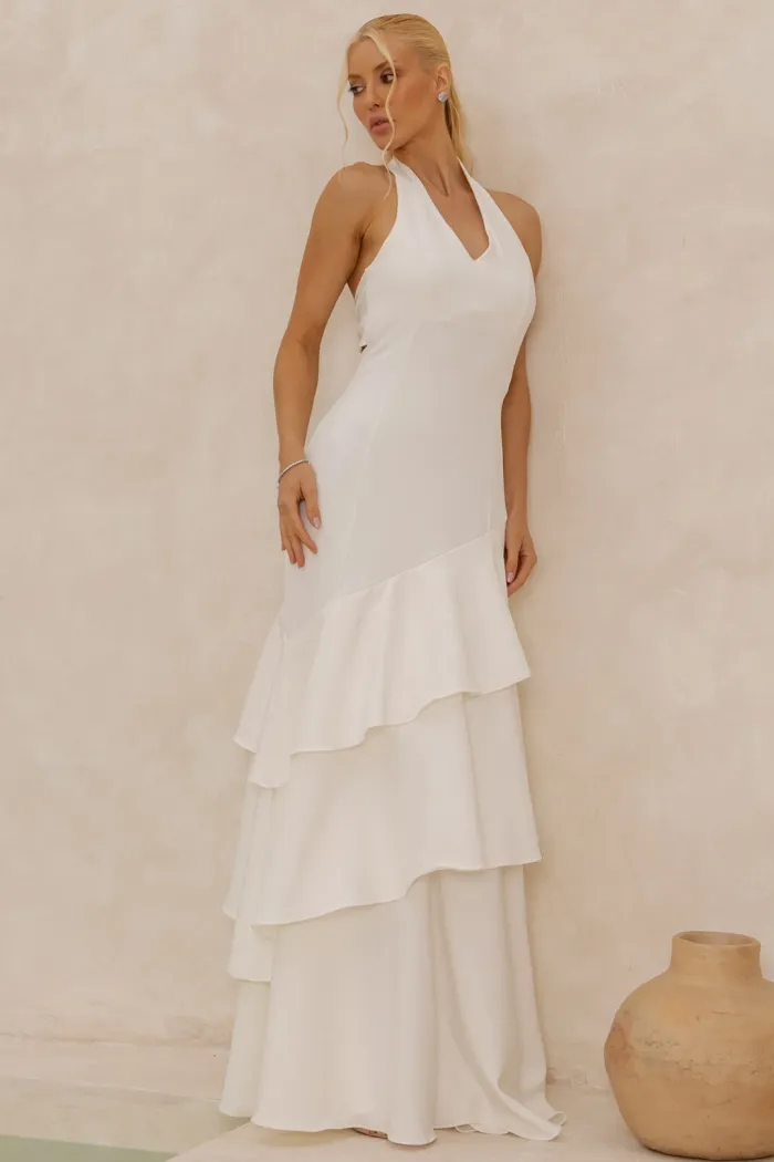 VESTIDO CAROLINE LONGO BABADOS NA SAIA - OFF WHITE