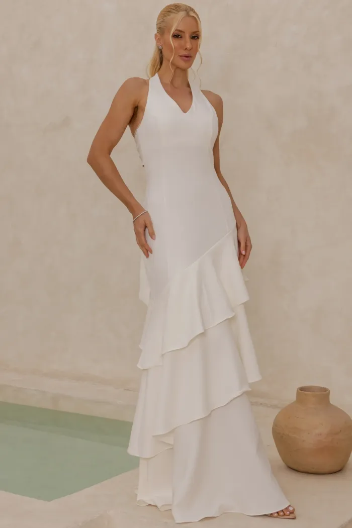 VESTIDO CAROLINE LONGO BABADOS NA SAIA - OFF WHITE