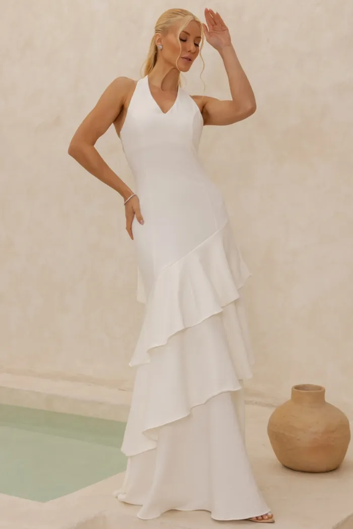 VESTIDO CAROLINE LONGO BABADOS NA SAIA - OFF WHITE