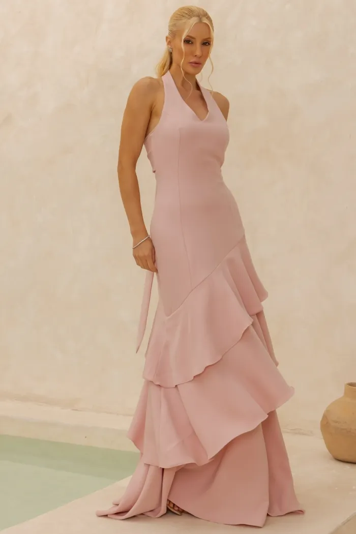 VESTIDO CAROLINE LONGO BABADOS NA SAIA - ROSÉ