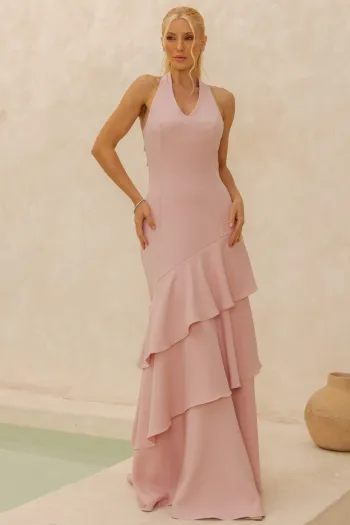 VESTIDO CAROLINE LONGO BABADOS NA SAIA - ROSÉ