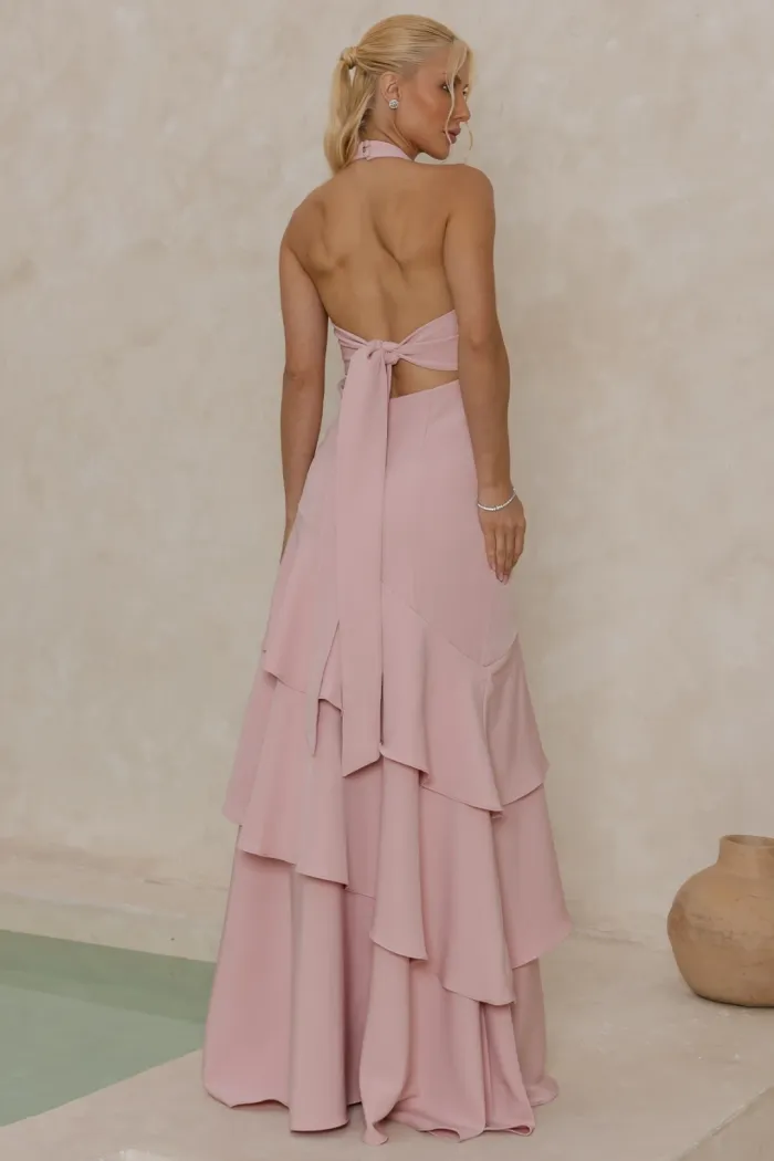 VESTIDO CAROLINE LONGO BABADOS NA SAIA - ROSÉ
