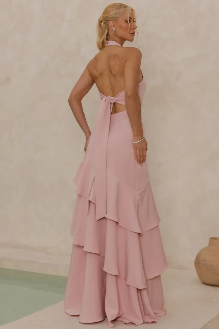 VESTIDO CAROLINE LONGO BABADOS NA SAIA - ROSÉ