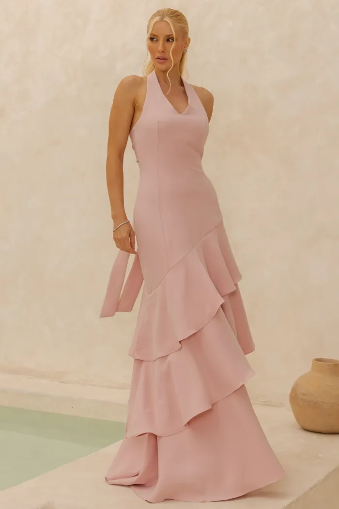 VESTIDO CAROLINE LONGO BABADOS NA SAIA - ROSÉ